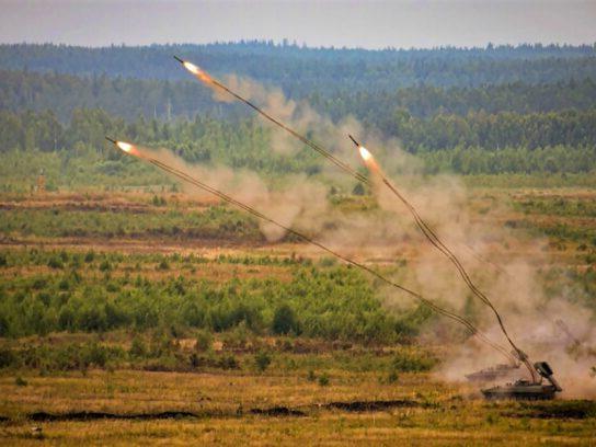 photo of a UR-77 Meteorit mine clearing vehicle throws line charges 98 yards long, which explode and detonate nearby mines in a 6-yard-wide path. The Ukrainian and Russian armies both use this AEV.